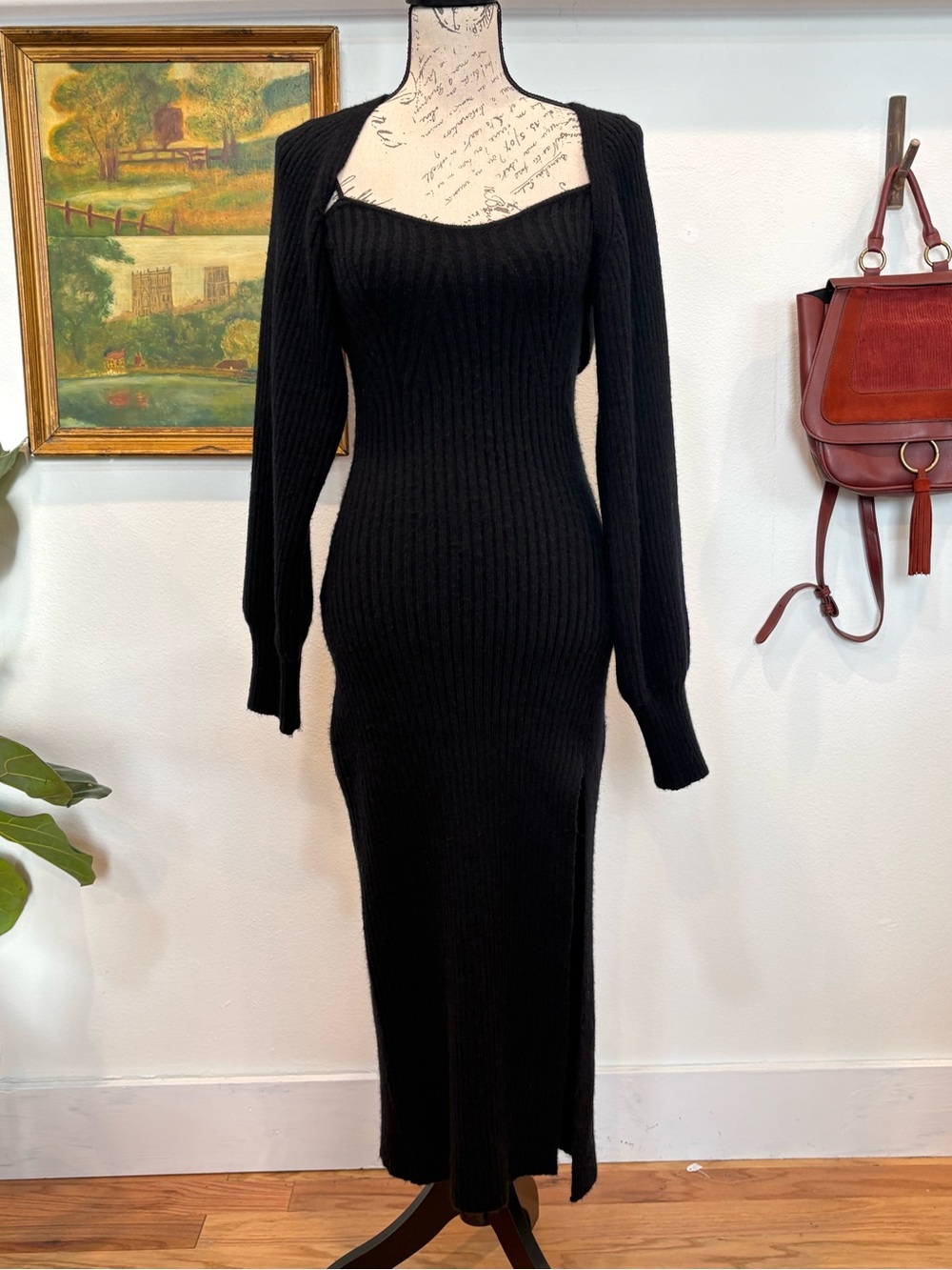 Cider Black Ribbed Knit Midi Dress & Bolero Set Gothic Bodycon M